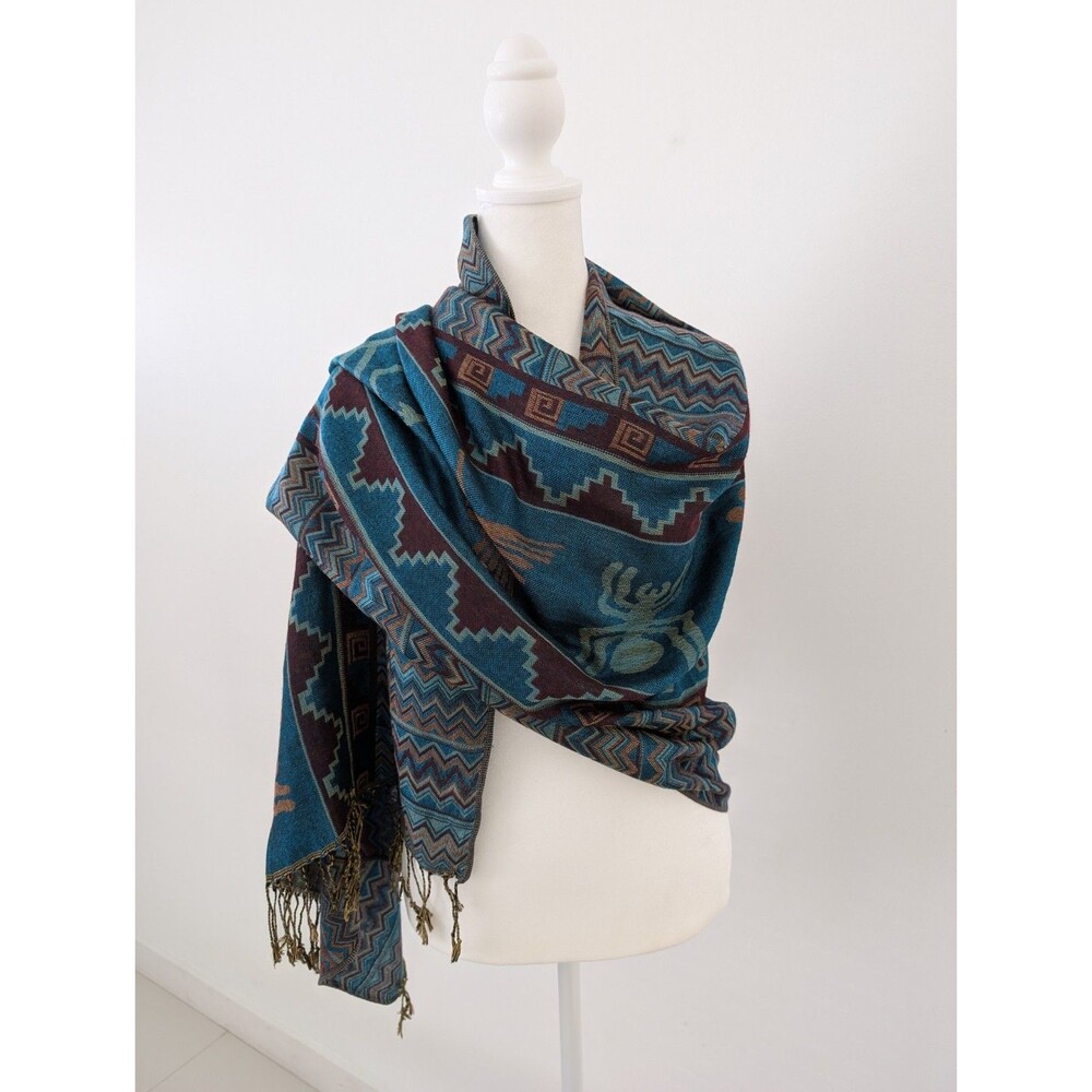 Boho Shawl Teal Yellow Burgundy Woven Geometric Patterns Fringe Edges 66”L x 27”